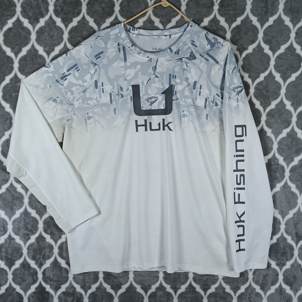 Huk Fishing Shirt Men XL White Gray Performance Long Sleeve Vented UPF